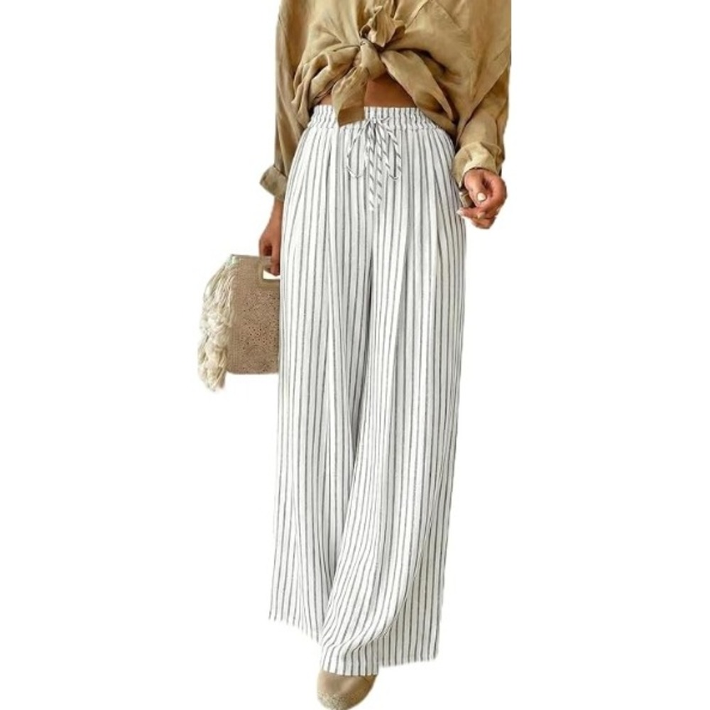 Acelitt Black White Vertical Striped Wide Leg Minimalist Drawstring Pants Small